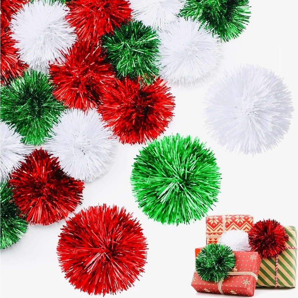 4 Silver Metallic Pom Pom Bows for Party Gift Wrap